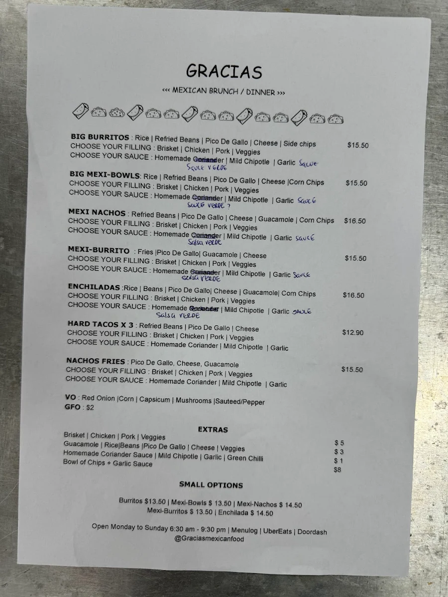 Menu, Gracias - Mexican food