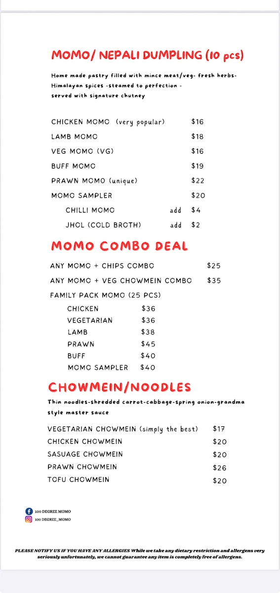 Menu, 100 DEGREE MOMO