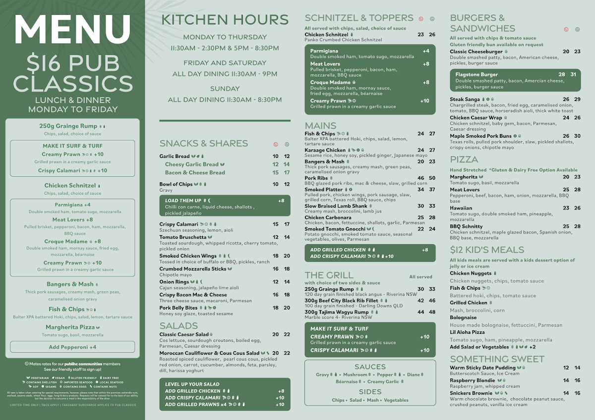Menu, Flagstone Tavern