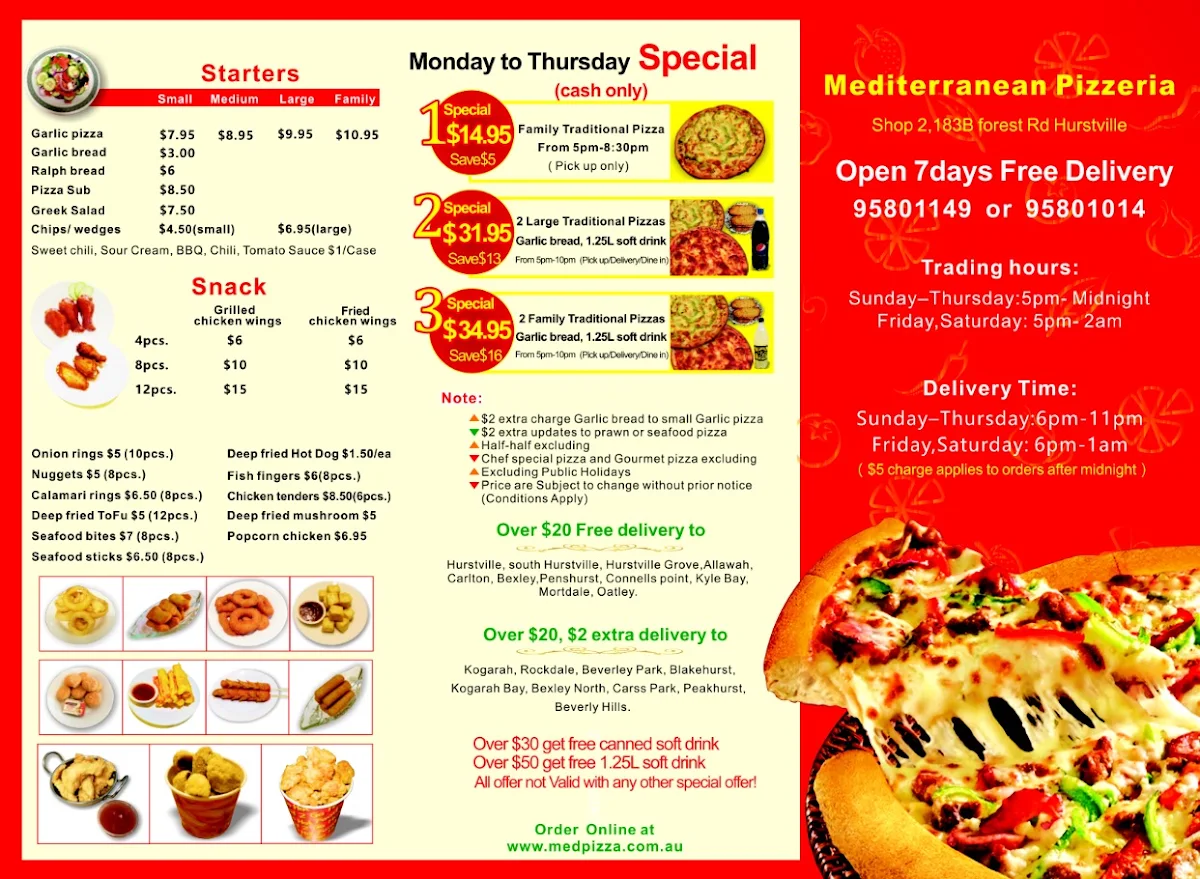 Menu, Mediterranean Pizzeria