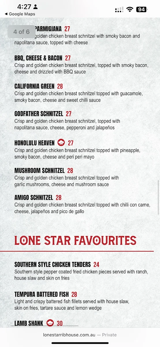 Menu, Lone Star Rib House & Brews Ed Square