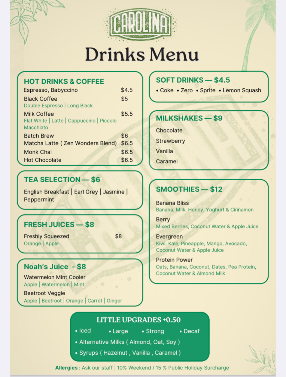 Menu, Carolina Cafe & Bar