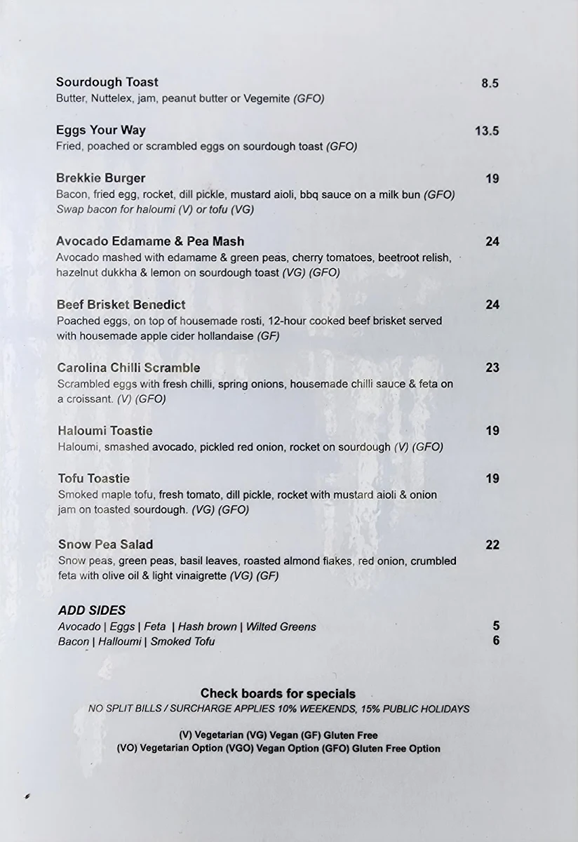 Menu, Carolina Cafe & Bar