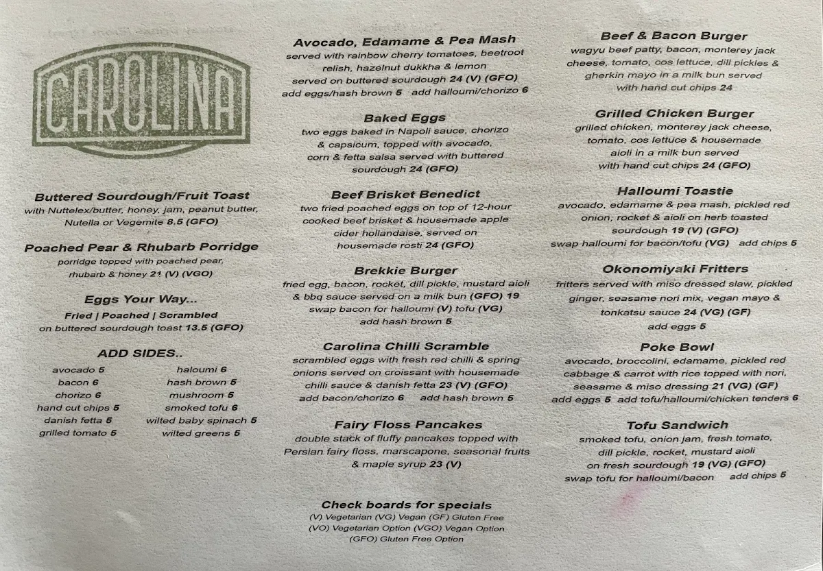 Menu, Carolina Cafe & Bar