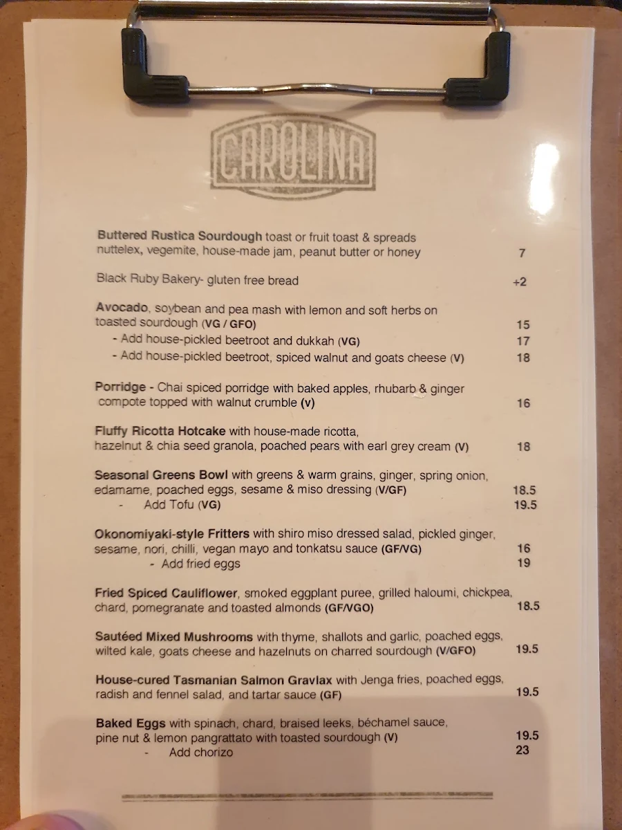 Menu, Carolina Cafe & Bar