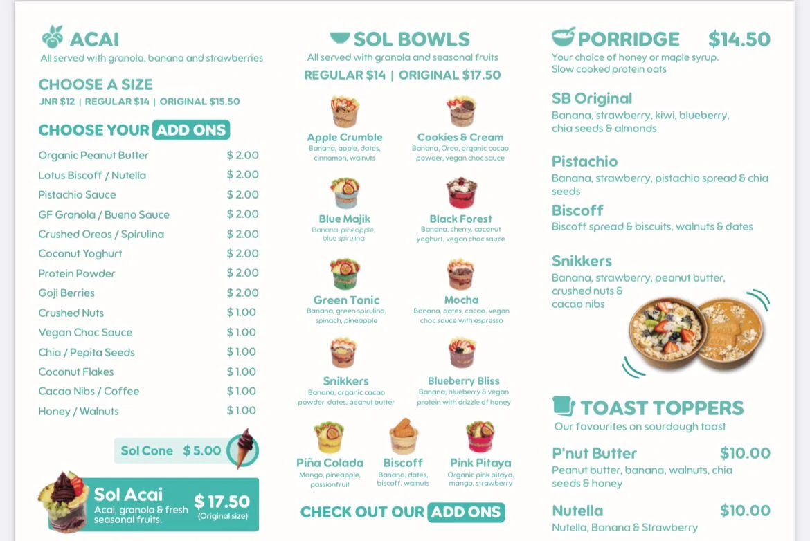 Menu, SolBowl Rosehill