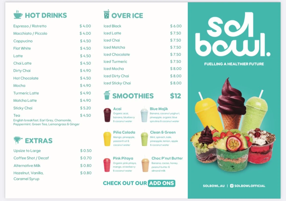Menu, SolBowl Rosehill