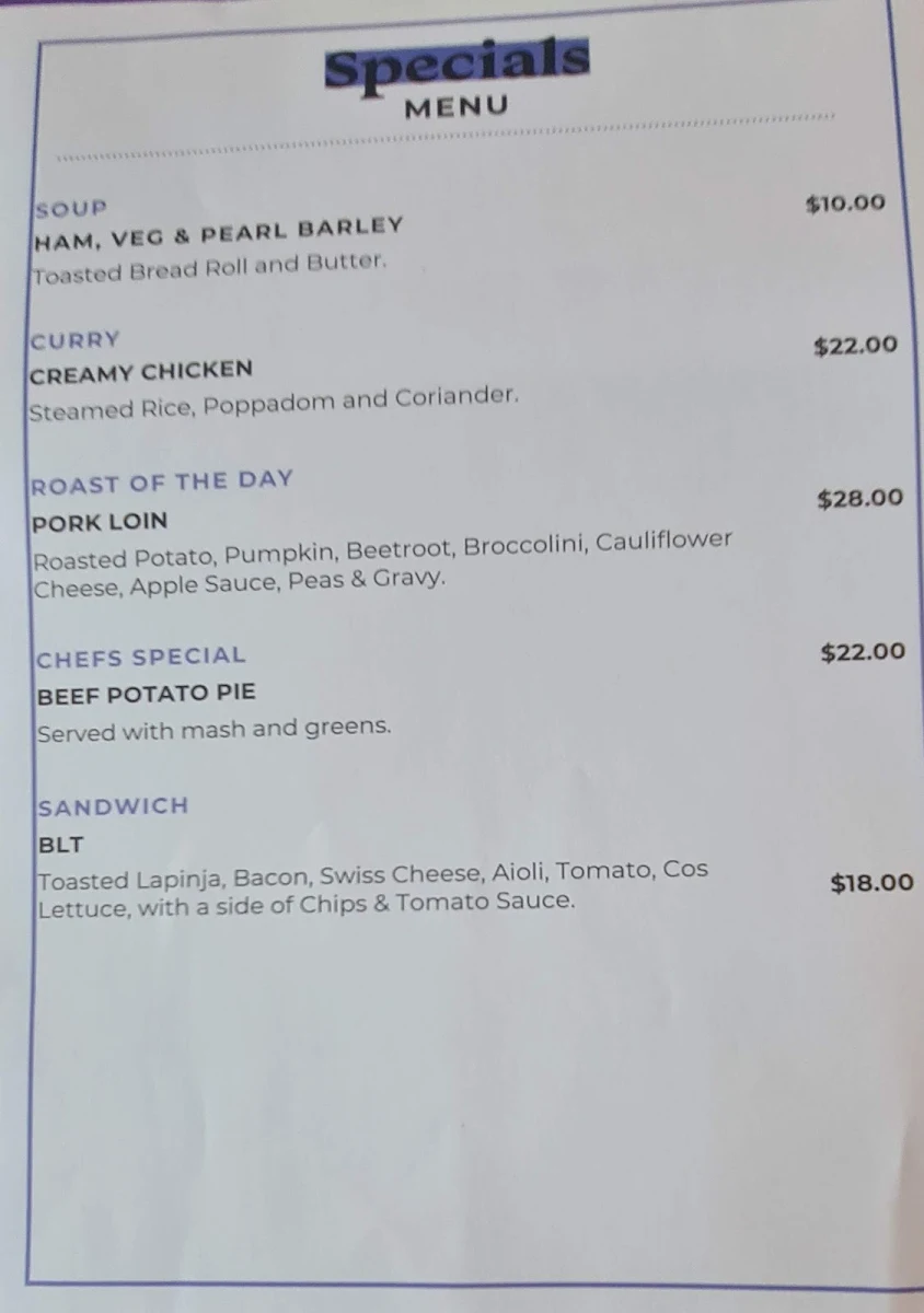 Menu, The Junction