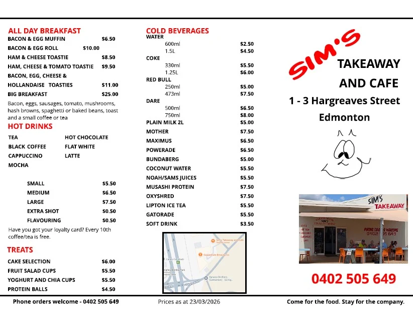 Menu, Sim’s Takeaway and Cafe