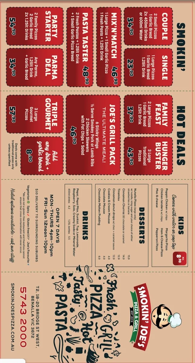 Menu, Smokin Joe's Pizza & Grill - Benalla
