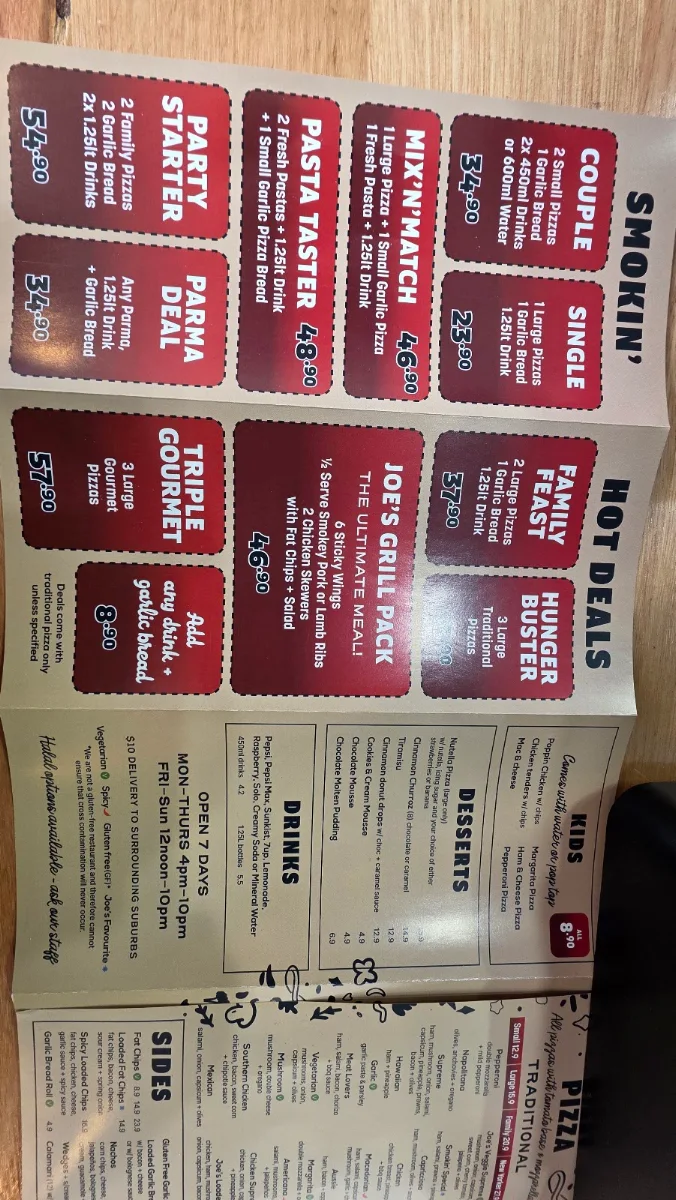 Menu, Smokin Joe's Pizza & Grill - Benalla