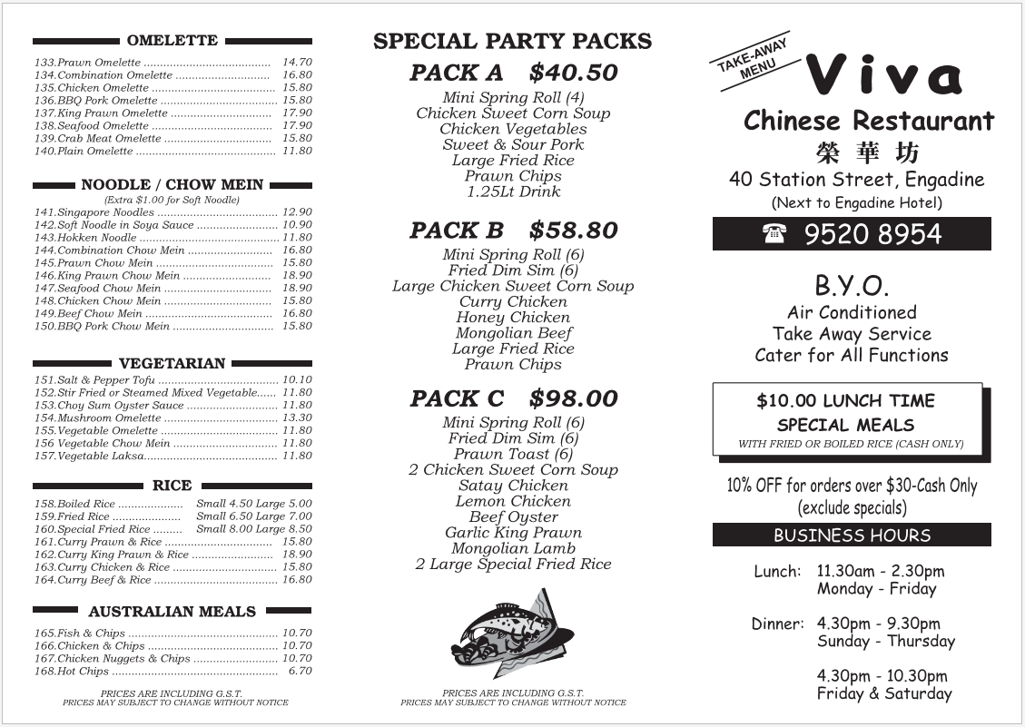Menu, Viva Chinese Restaurant