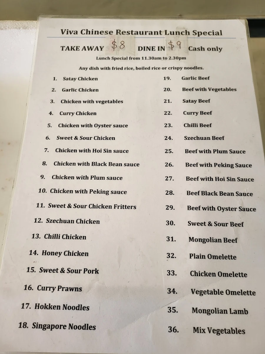 Menu, Viva Chinese Restaurant