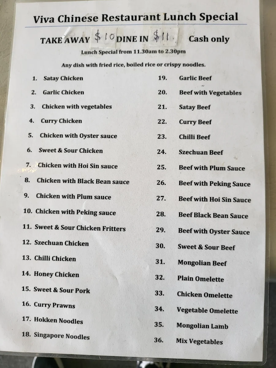 Menu, Viva Chinese Restaurant