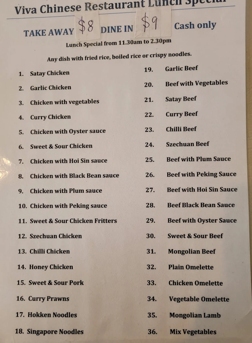Menu, Viva Chinese Restaurant