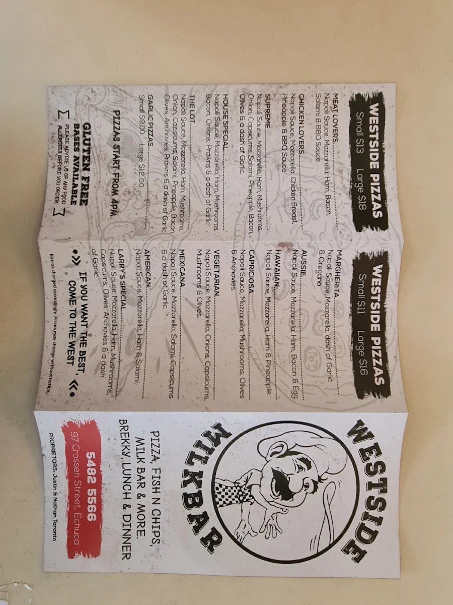 Menu, Westside Milkbar Take Away