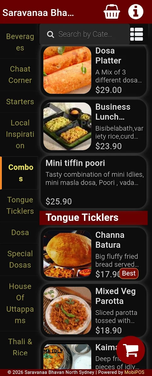 Menu, Saravanaa Bhavan North Sydney