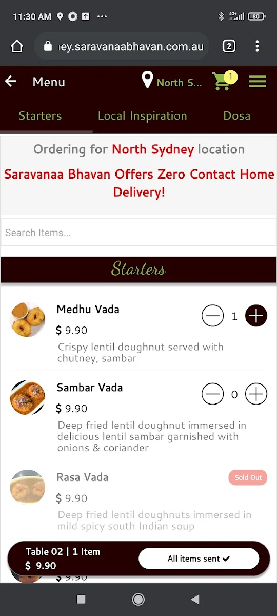Menu, Saravanaa Bhavan North Sydney
