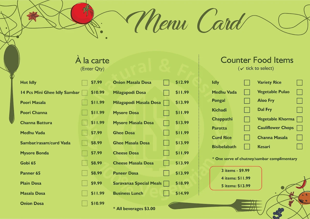 Menu, Saravanaa Bhavan North Sydney