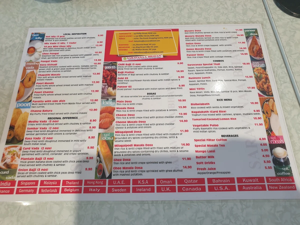 Menu, Saravanaa Bhavan North Sydney