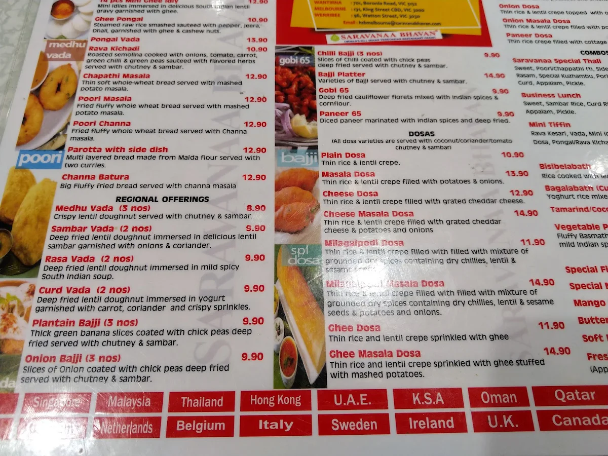 Menu, Saravanaa Bhavan North Sydney