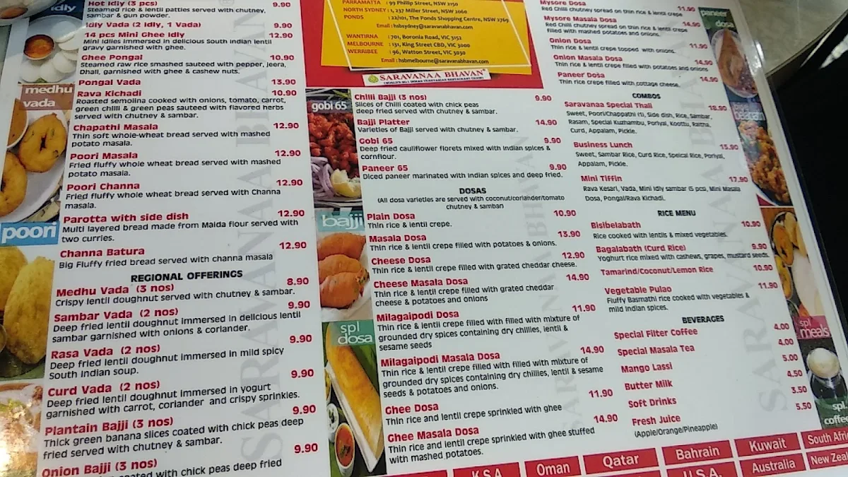 Menu, Saravanaa Bhavan North Sydney