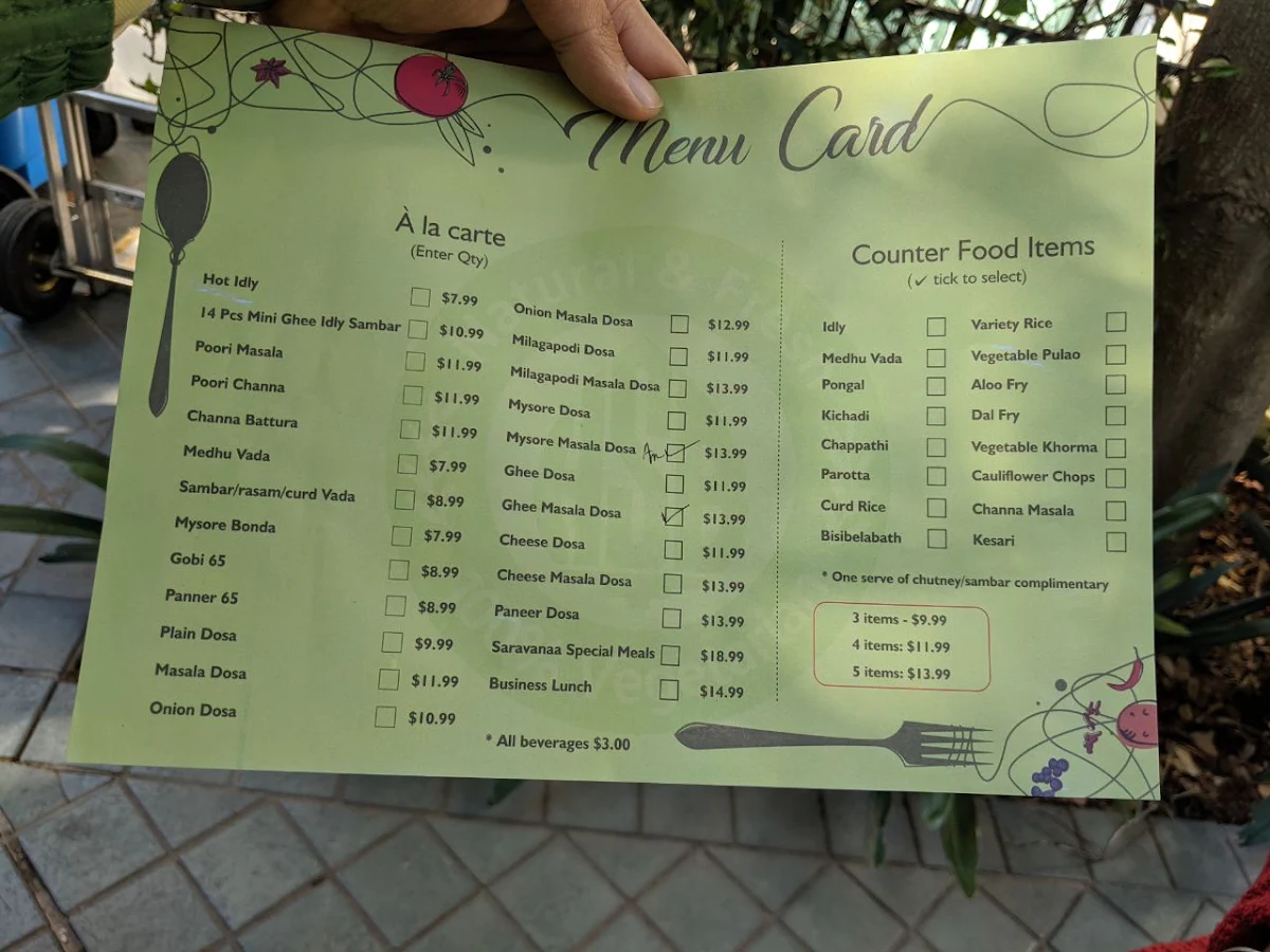 Menu, Saravanaa Bhavan North Sydney