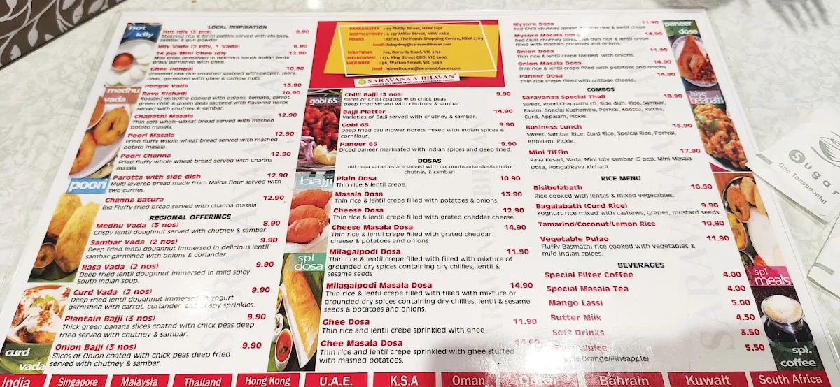 Menu, Saravanaa Bhavan North Sydney