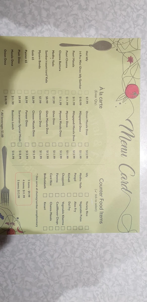 Menu, Saravanaa Bhavan North Sydney