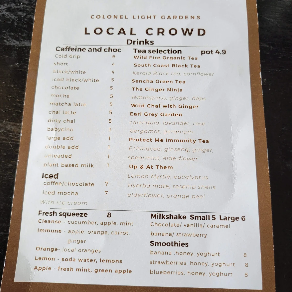 Menu, Local Crowd