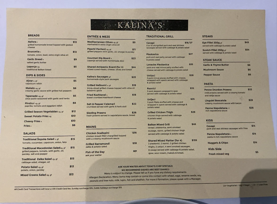 Menu, Kalina's Restaurant
