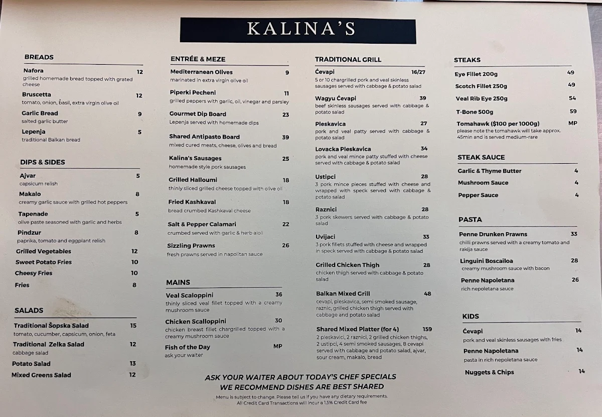 Menu, Kalina's Restaurant