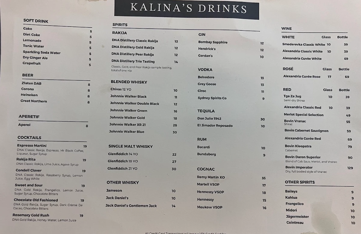 Menu, Kalina's Restaurant