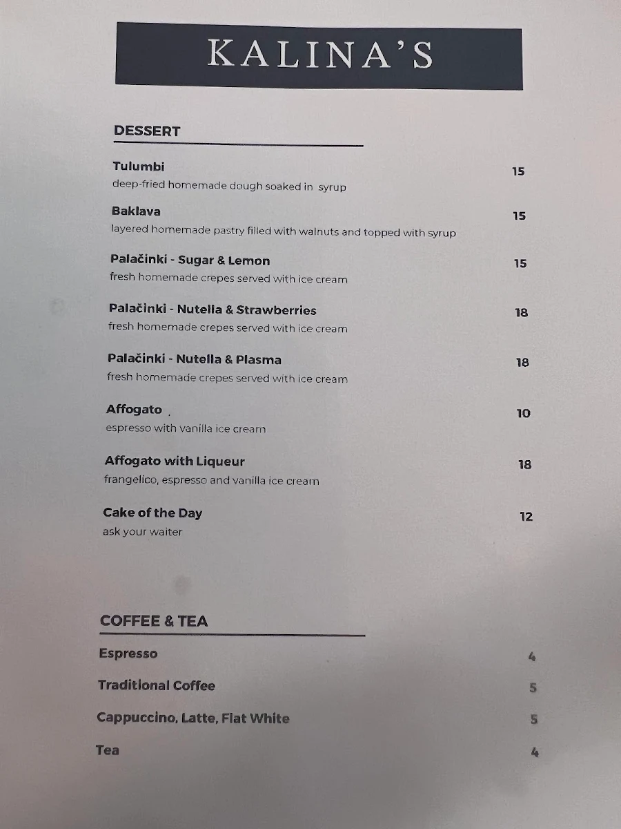Menu, Kalina's Restaurant