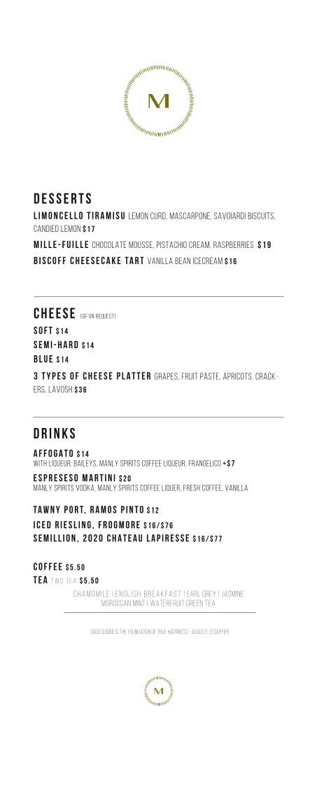 Menu, Marcel Bar and Bistro