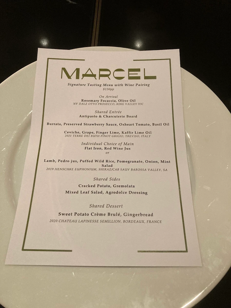 Menu, Marcel Bar and Bistro