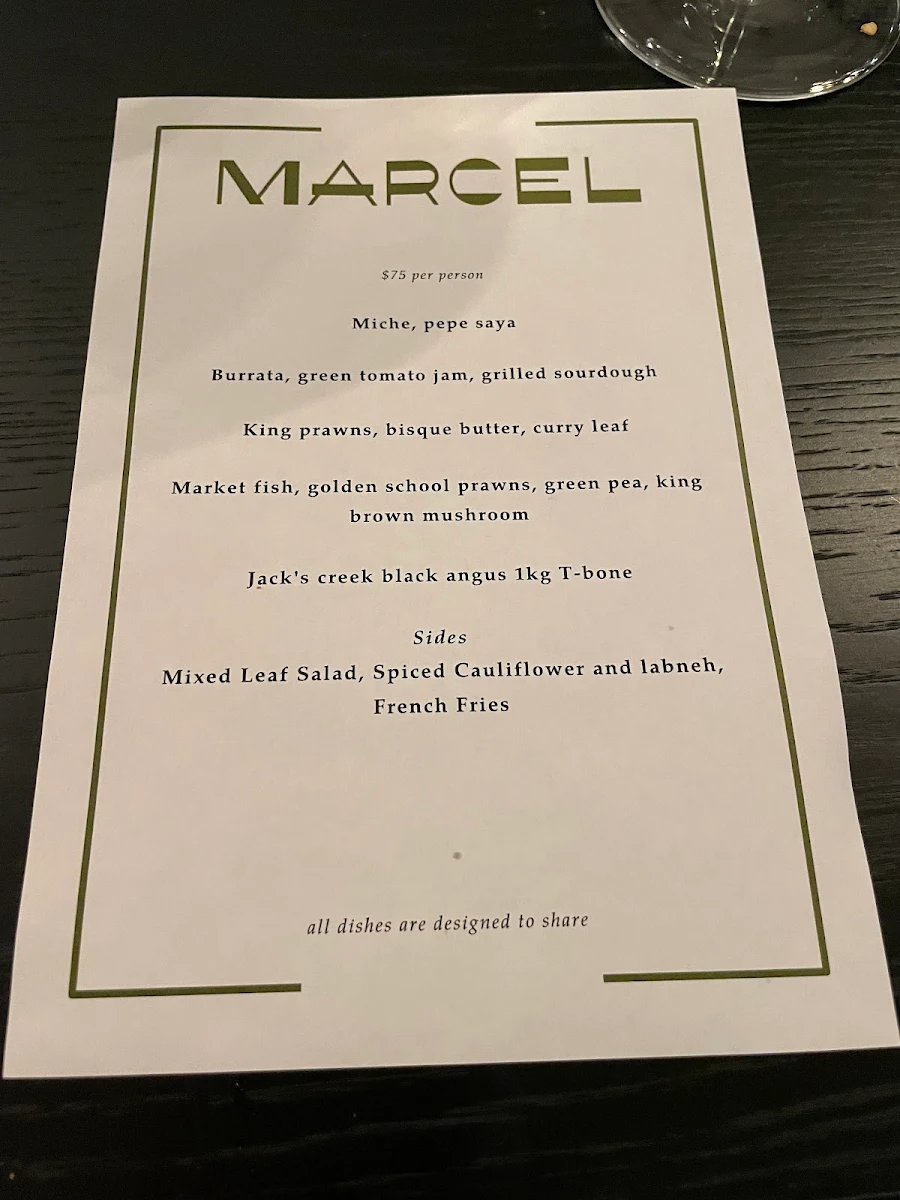 Menu, Marcel Bar and Bistro
