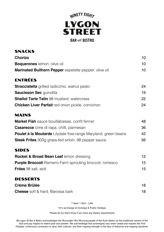 Menu, 98 Lygon Street Bar & Bistro