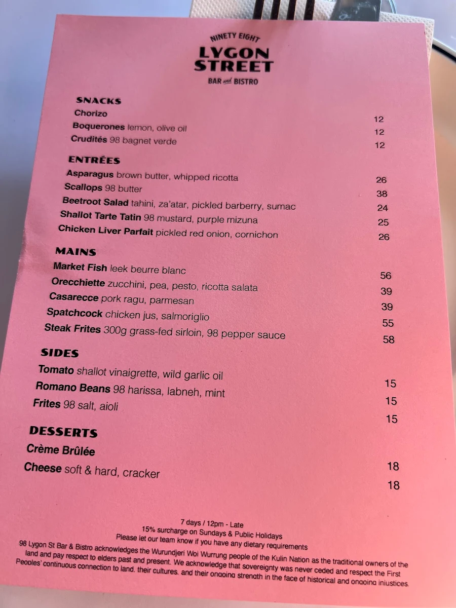 Menu, 98 Lygon Street Bar & Bistro