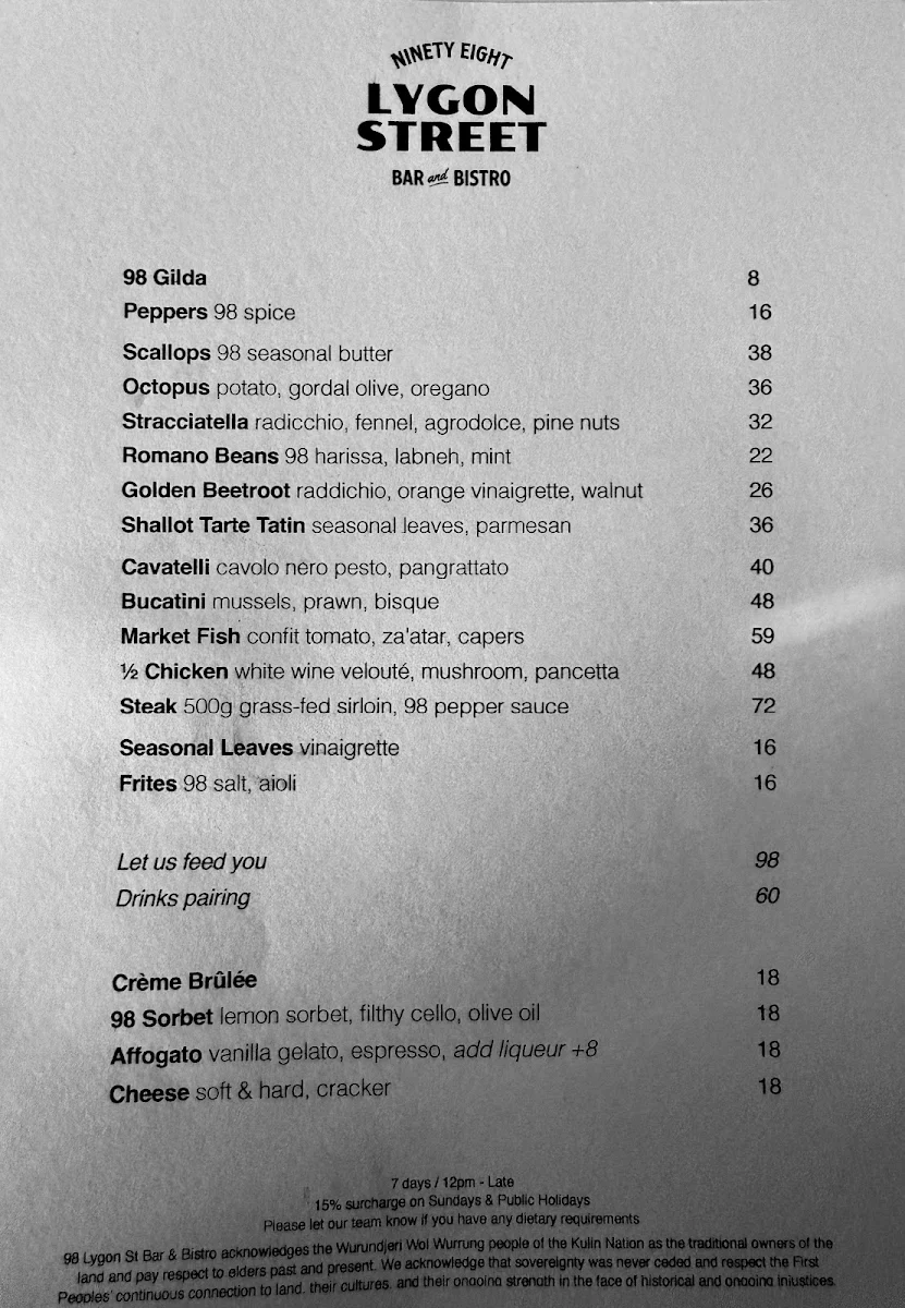 Menu, 98 Lygon Street Bar & Bistro