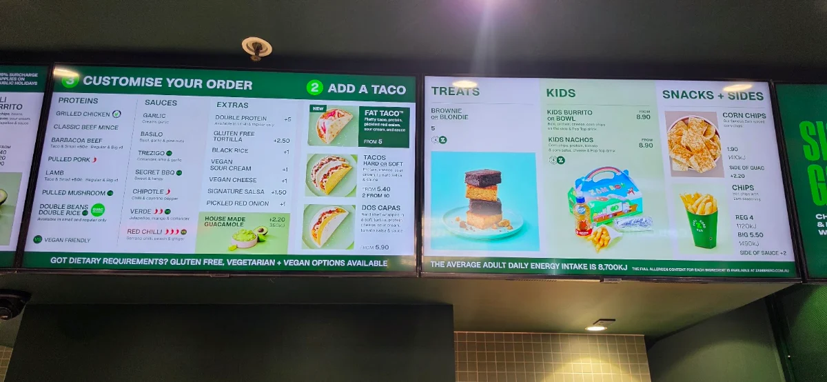 Menu, Zambrero Southern Cross Station