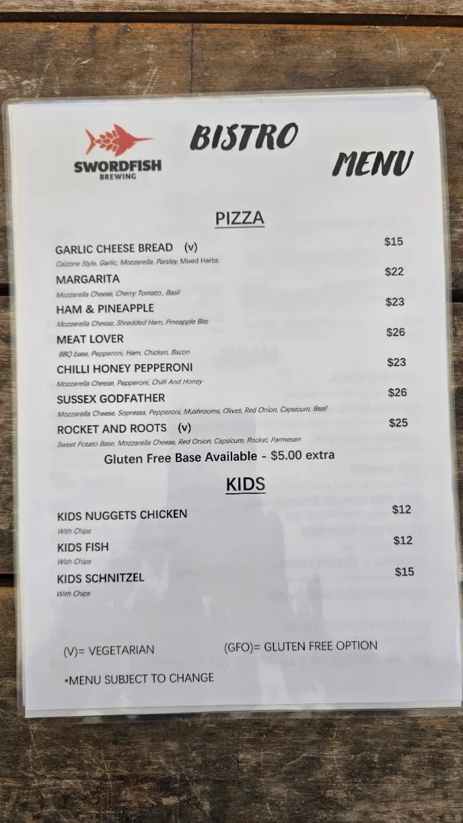 Menu, Swordfish Brewing