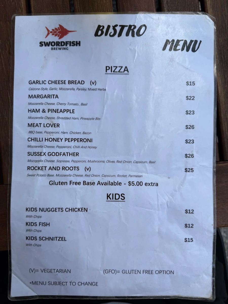 Menu, Swordfish Brewing