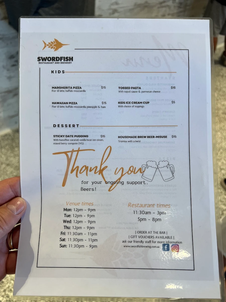 Menu, Swordfish Brewing