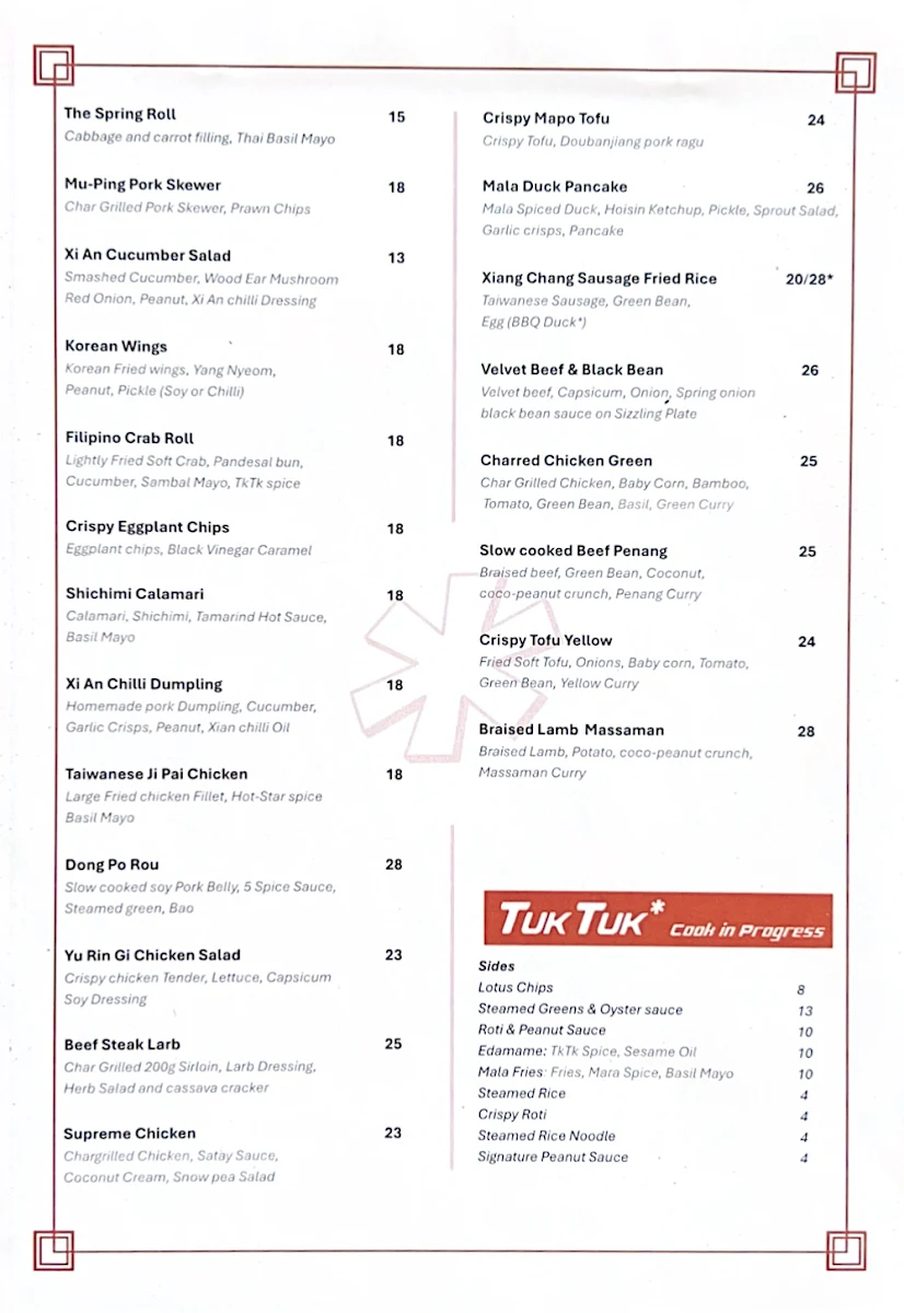 Menu, Tuk Tuk Cook in Progress