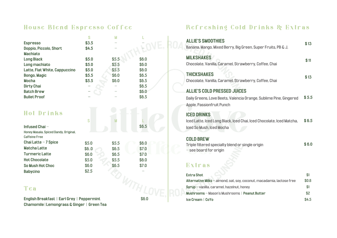 Menu, Little Cove Coffee Co Noosaville