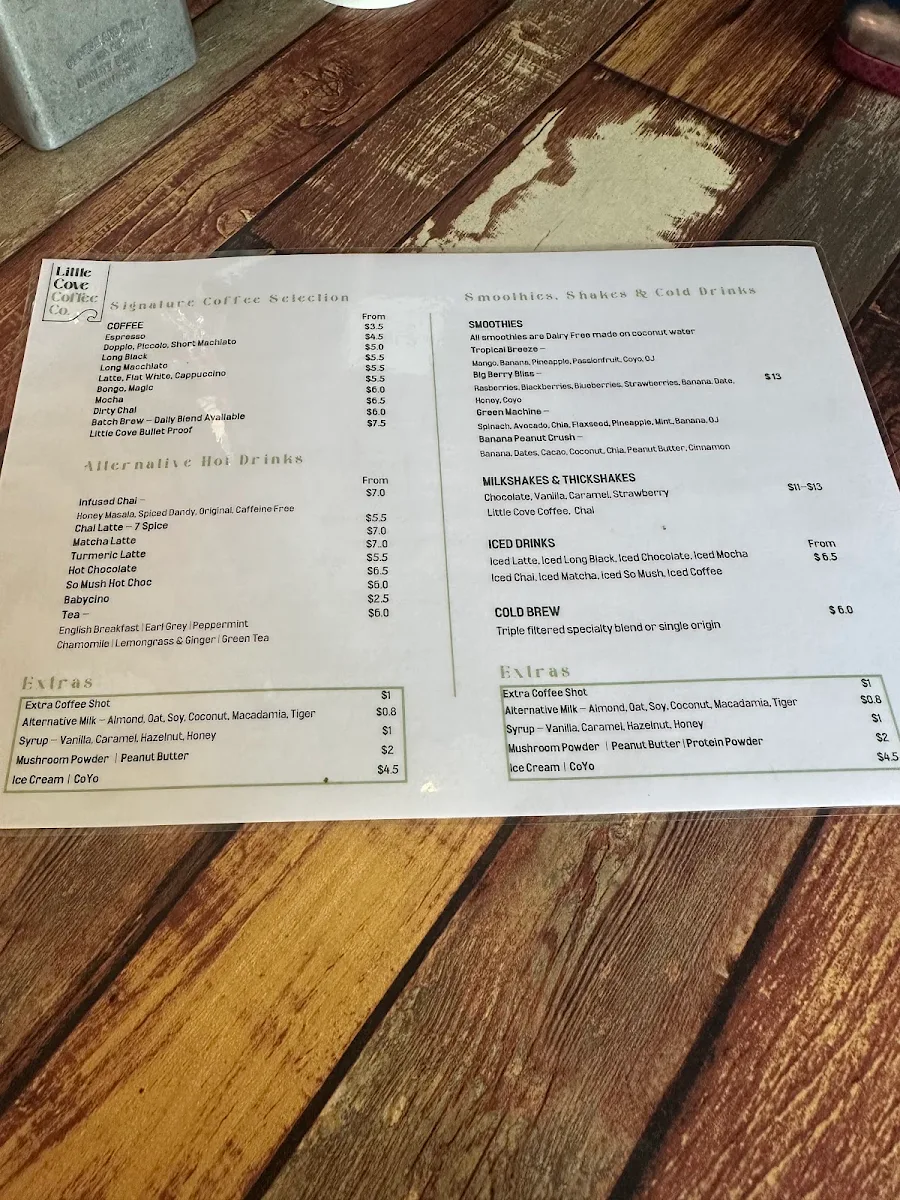 Menu, Little Cove Coffee Co Noosaville