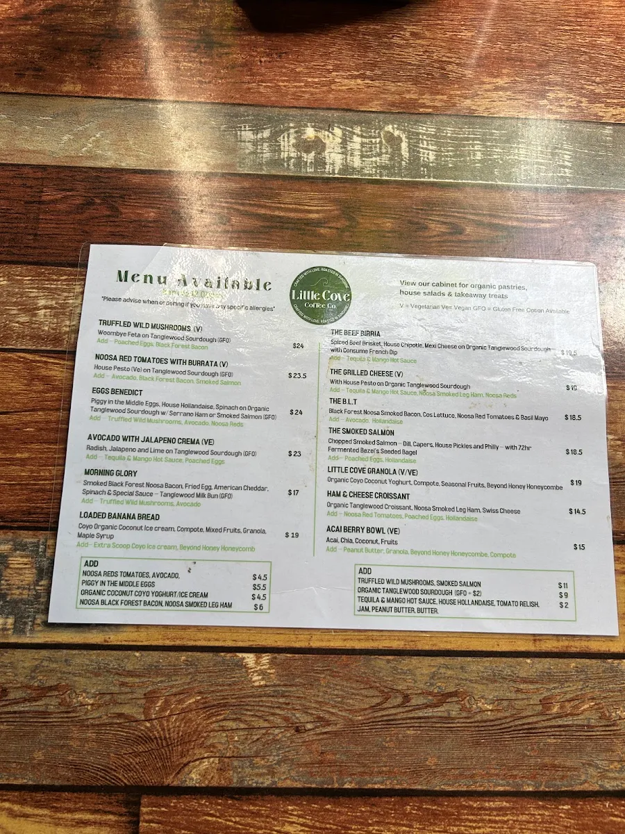Menu, Little Cove Coffee Co Noosaville