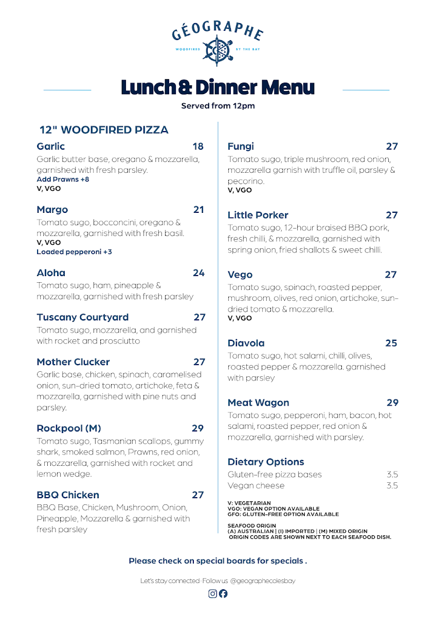 Menu, Geographe Restaurant and Espresso Bar
