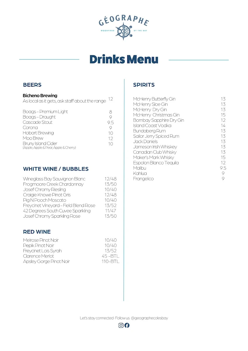 Menu, Geographe Restaurant and Espresso Bar